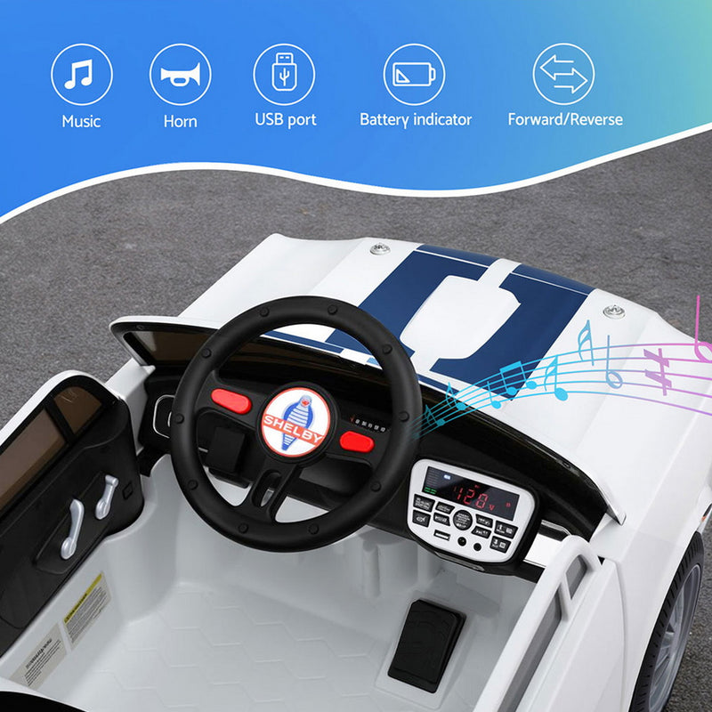 Licensed GT350 Kids Electric Ride-On Car with Music & Remote – White