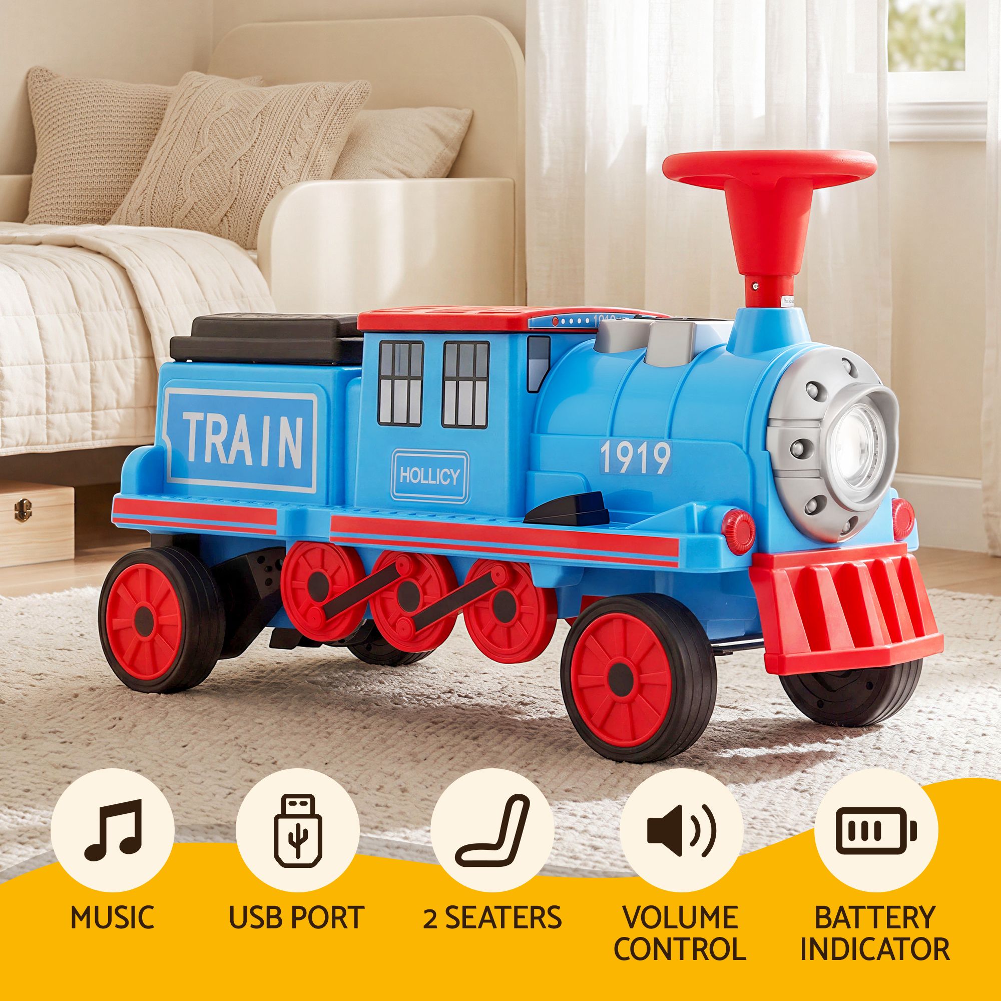 Rigo 12V Kids Ride On Train Car 2 Seater Electric Toy with Storage Blue
