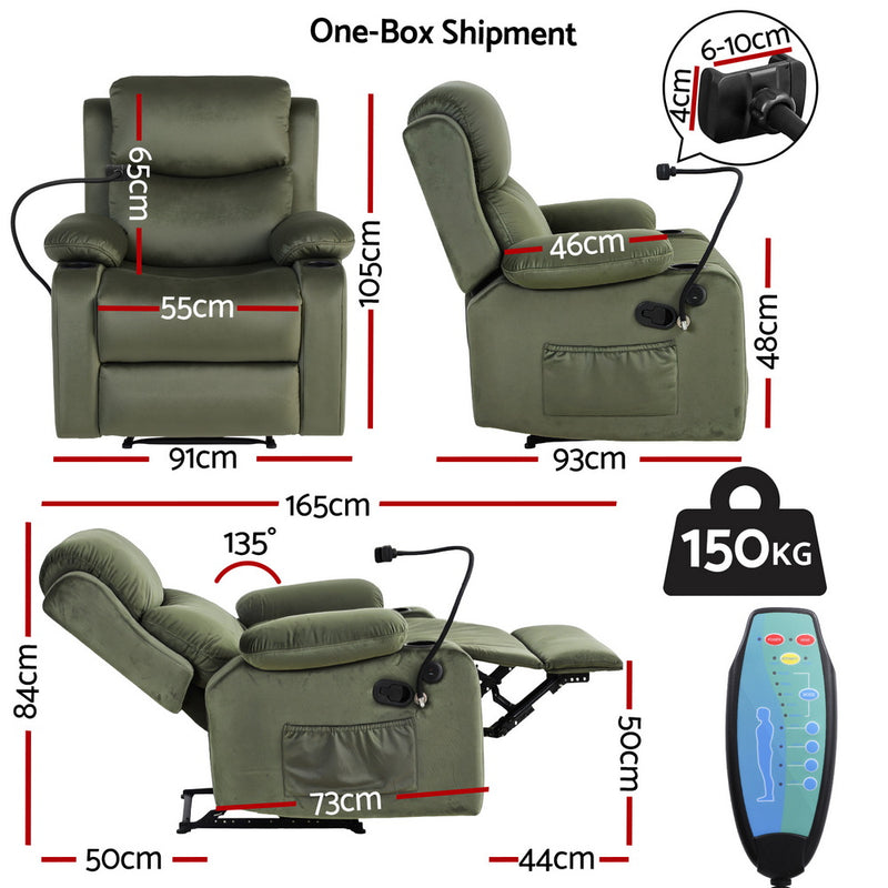 Artiss Recliner Chair – Heated Massage with Phone Holder (Velvet)
