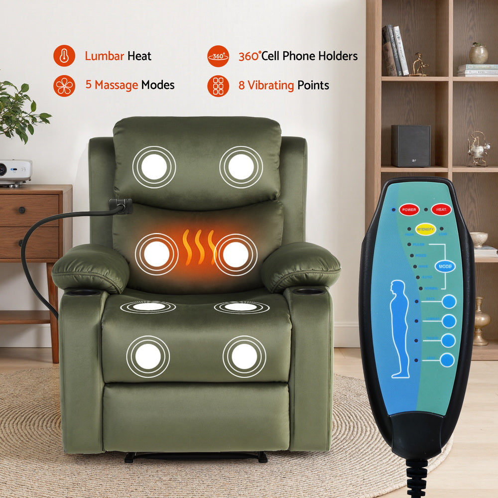 Artiss Recliner Chair – Heated Massage with Phone Holder (Velvet)