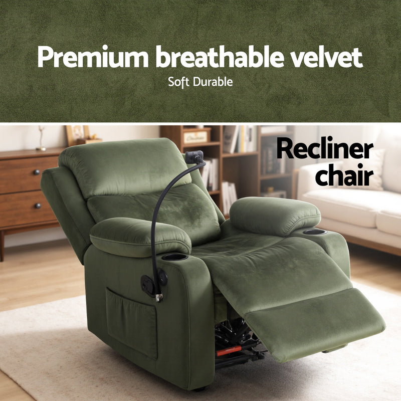 Artiss Recliner Chair – Heated Massage with Phone Holder (Velvet)