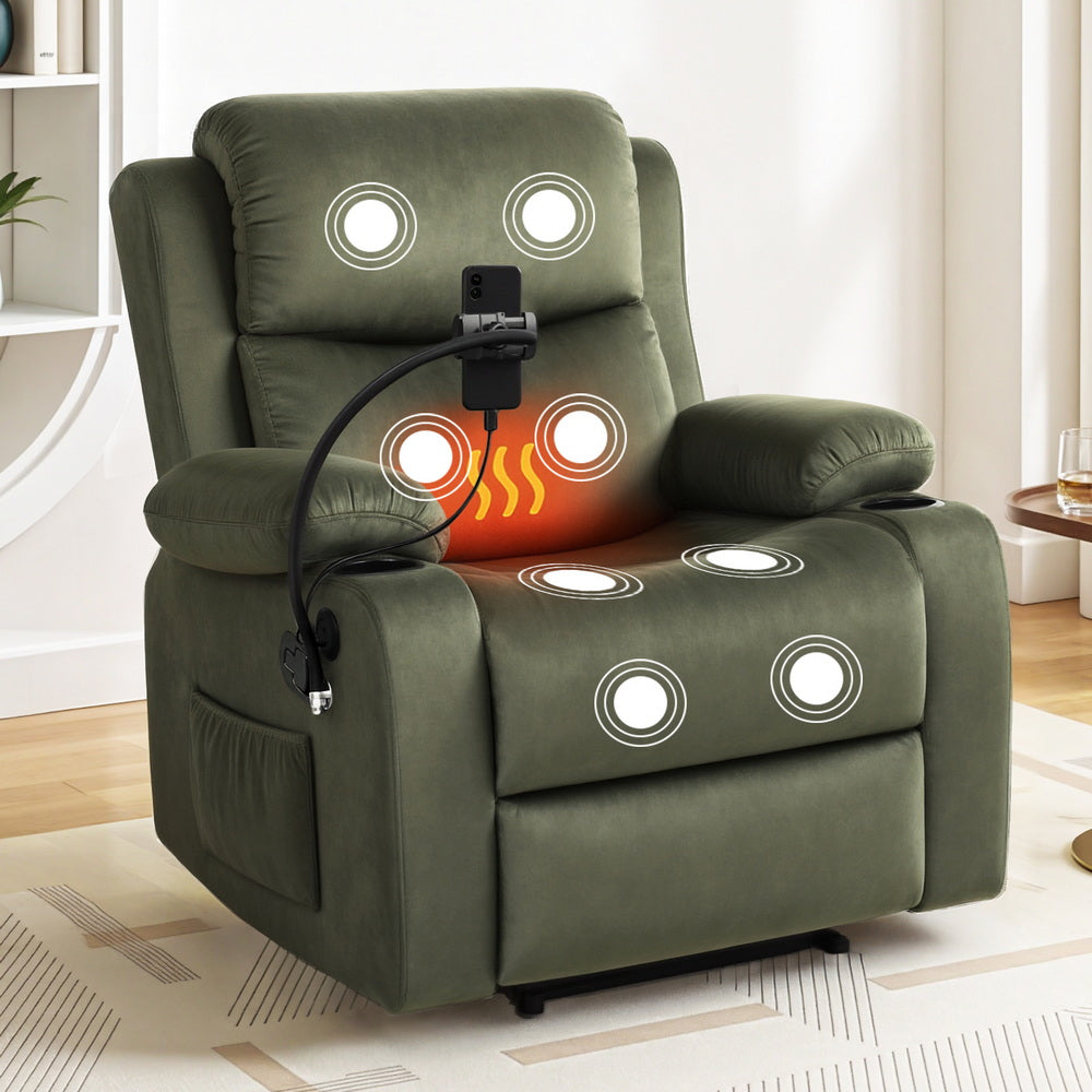 Artiss Recliner Chair – Heated Massage with Phone Holder (Velvet)