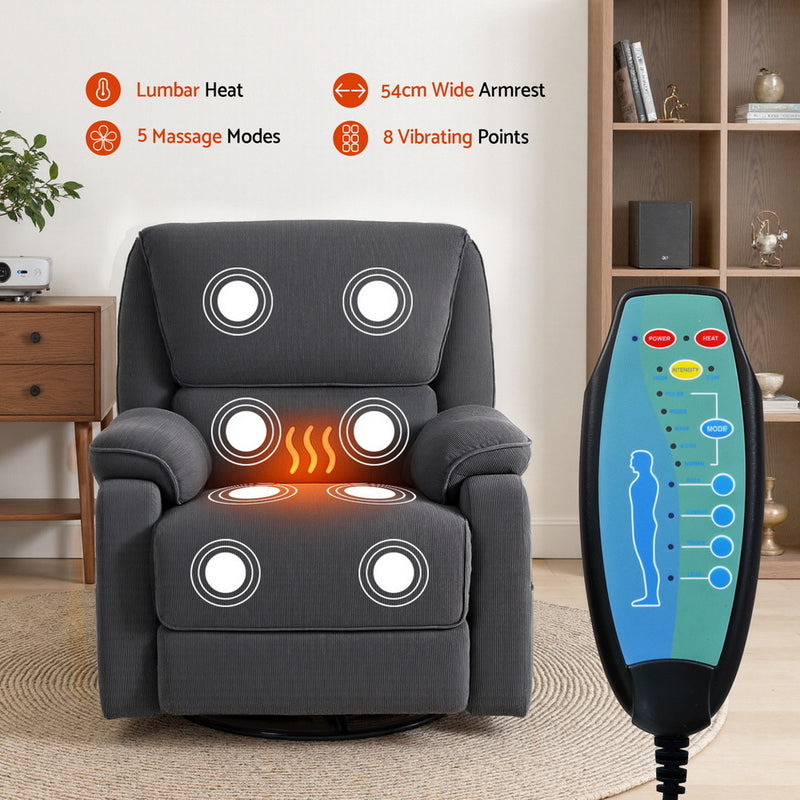 Artiss Rocking Recliner Chair – 360° Swivel, Heated Massage