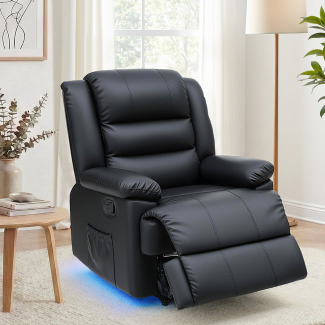 Artiss Leather Manual Recliner Chair with LED Lights – Black