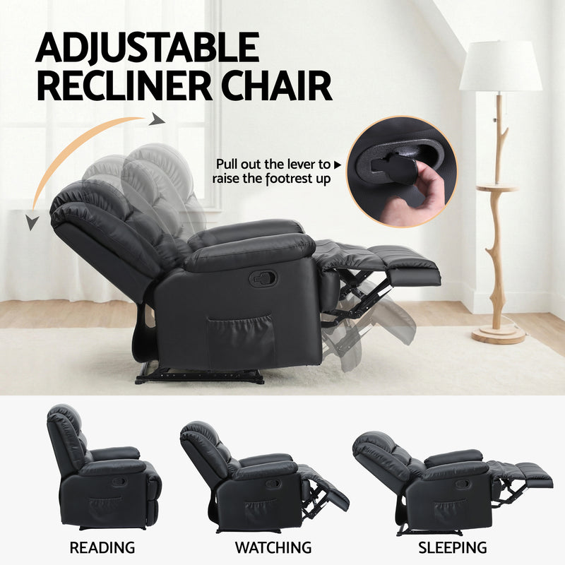 Artiss Leather Manual Recliner Chair with LED Lights – Black