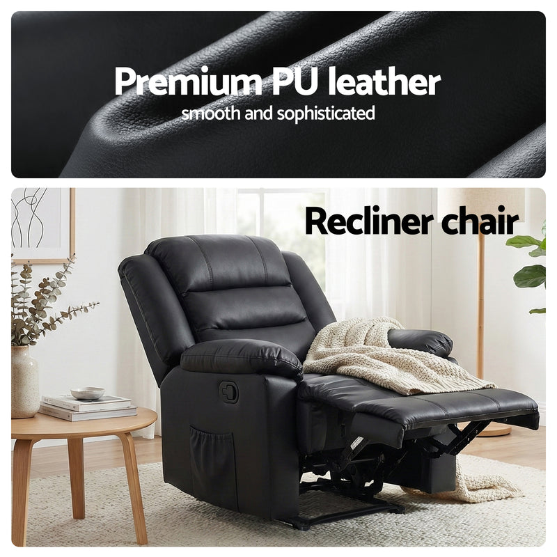 Artiss Leather Manual Recliner Chair with LED Lights – Black