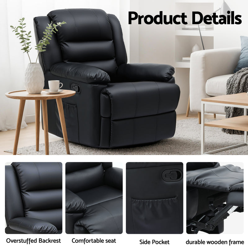 Artiss Leather Manual Recliner Chair with LED Lights – Black