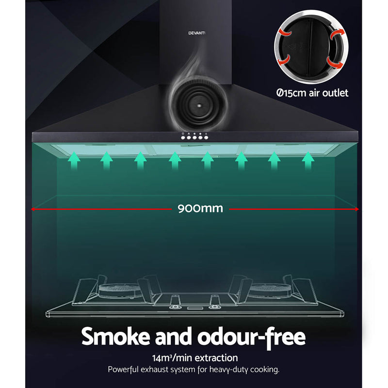 Devanti 900mm Range Hood 90cm Rangehood Black