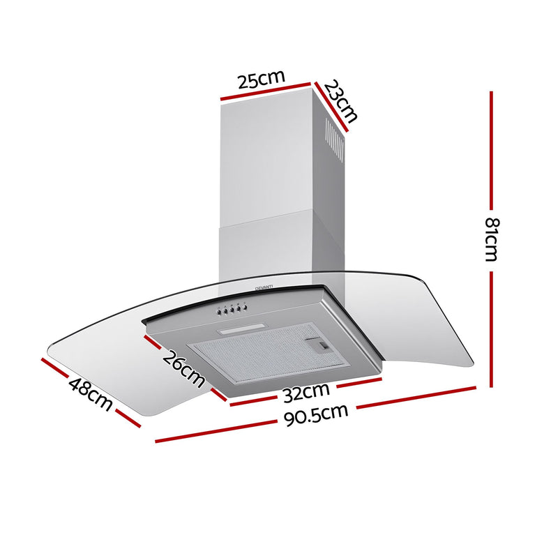 Devanti 90cm Curved Glass Canopy Range Hood – Stainless Steel