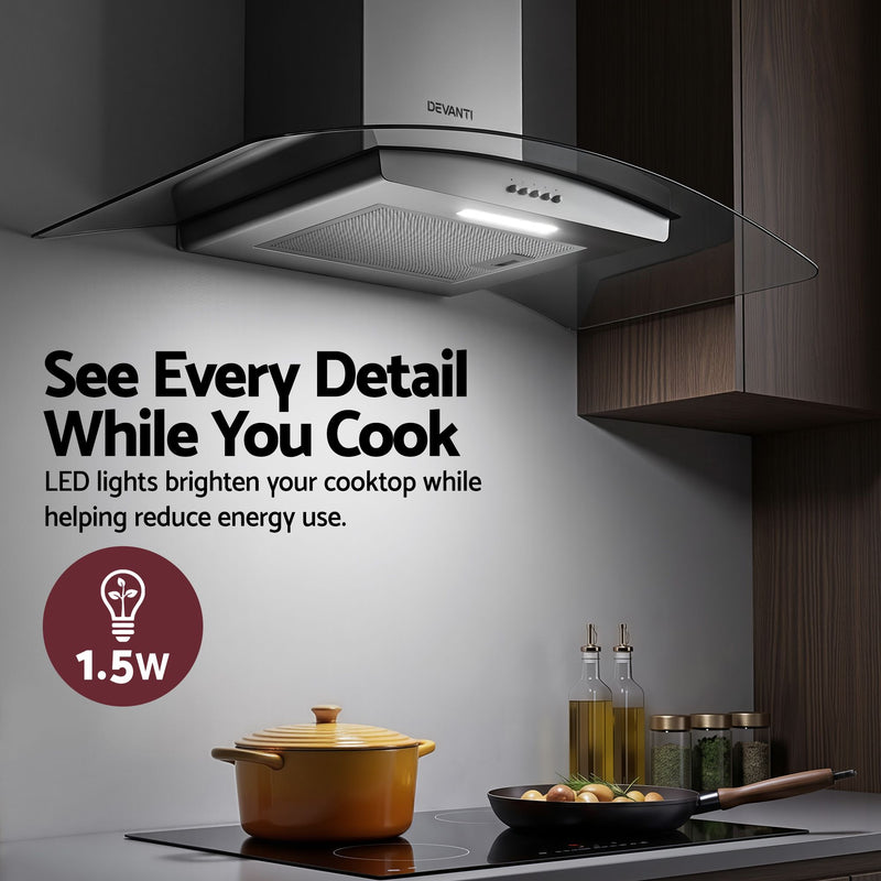 Devanti 90cm Curved Glass Canopy Range Hood – Stainless Steel