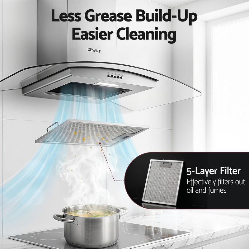 Devanti 90cm Curved Glass Canopy Range Hood – Stainless Steel