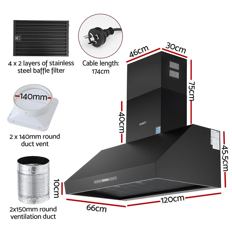 Devanti 1200mm Commercial BBQ Range Hood – Dual Motor with Remote (Black)
