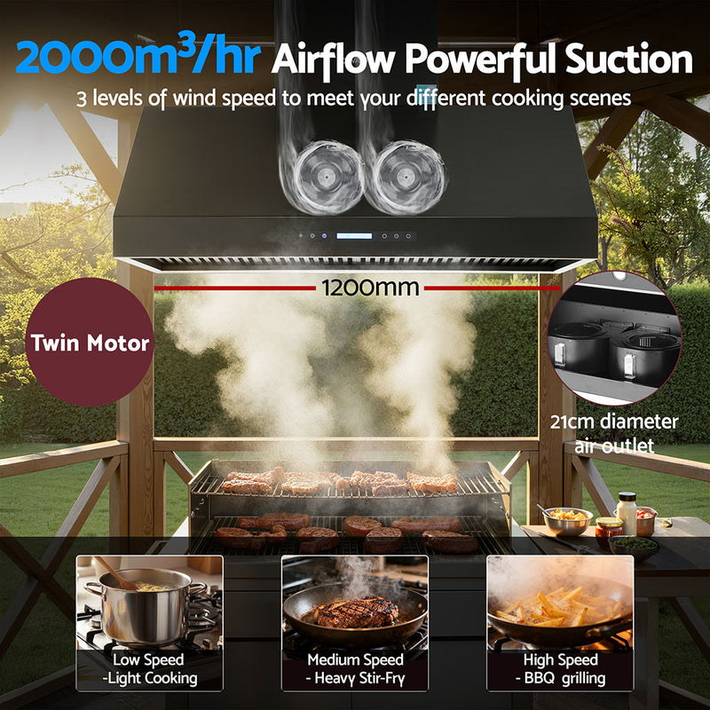 Devanti 1200mm Commercial BBQ Range Hood – Dual Motor with Remote (Black)