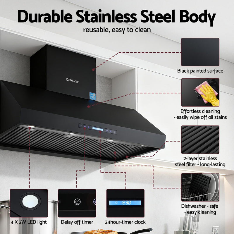 Devanti 1200mm Commercial BBQ Range Hood – Dual Motor with Remote (Black)