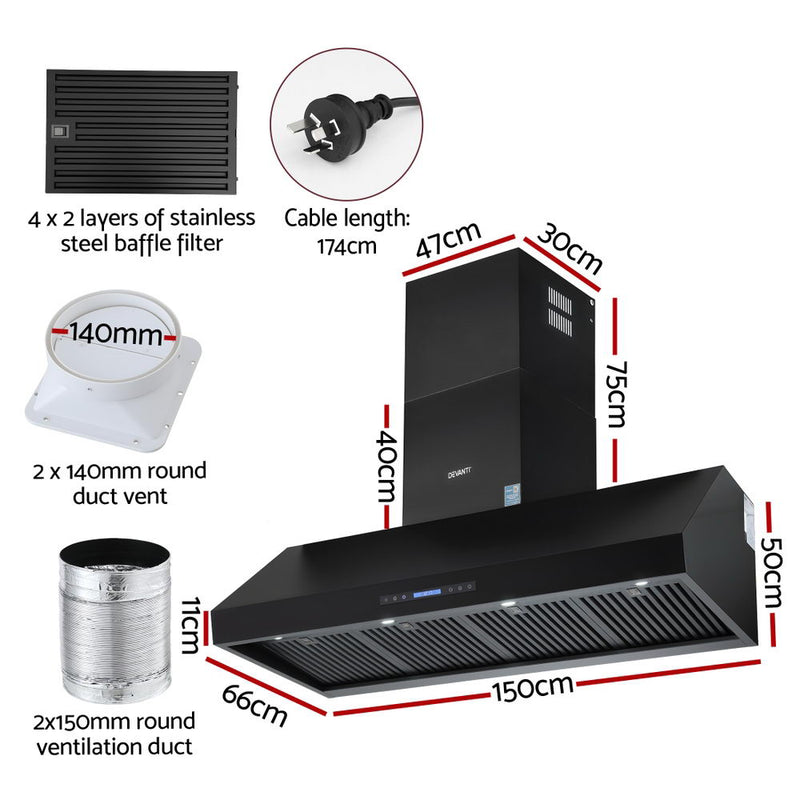 Devanti 1500mm Commercial BBQ Range Hood – Dual Motor with Remote (Black)