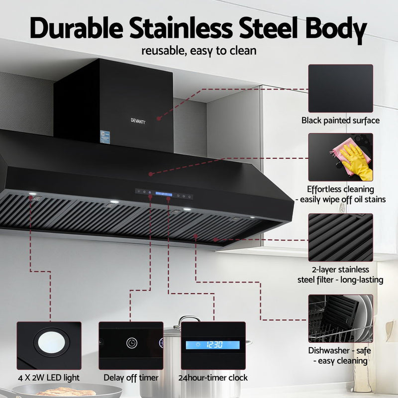 Devanti 1500mm Commercial BBQ Range Hood – Dual Motor with Remote (Black)