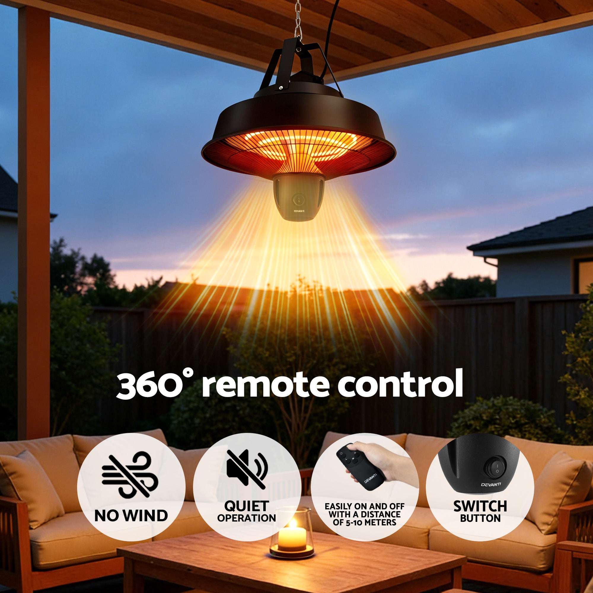 Devanti 2000W Infrared Patio Heater Hanging Ceiling Mounted with Remote