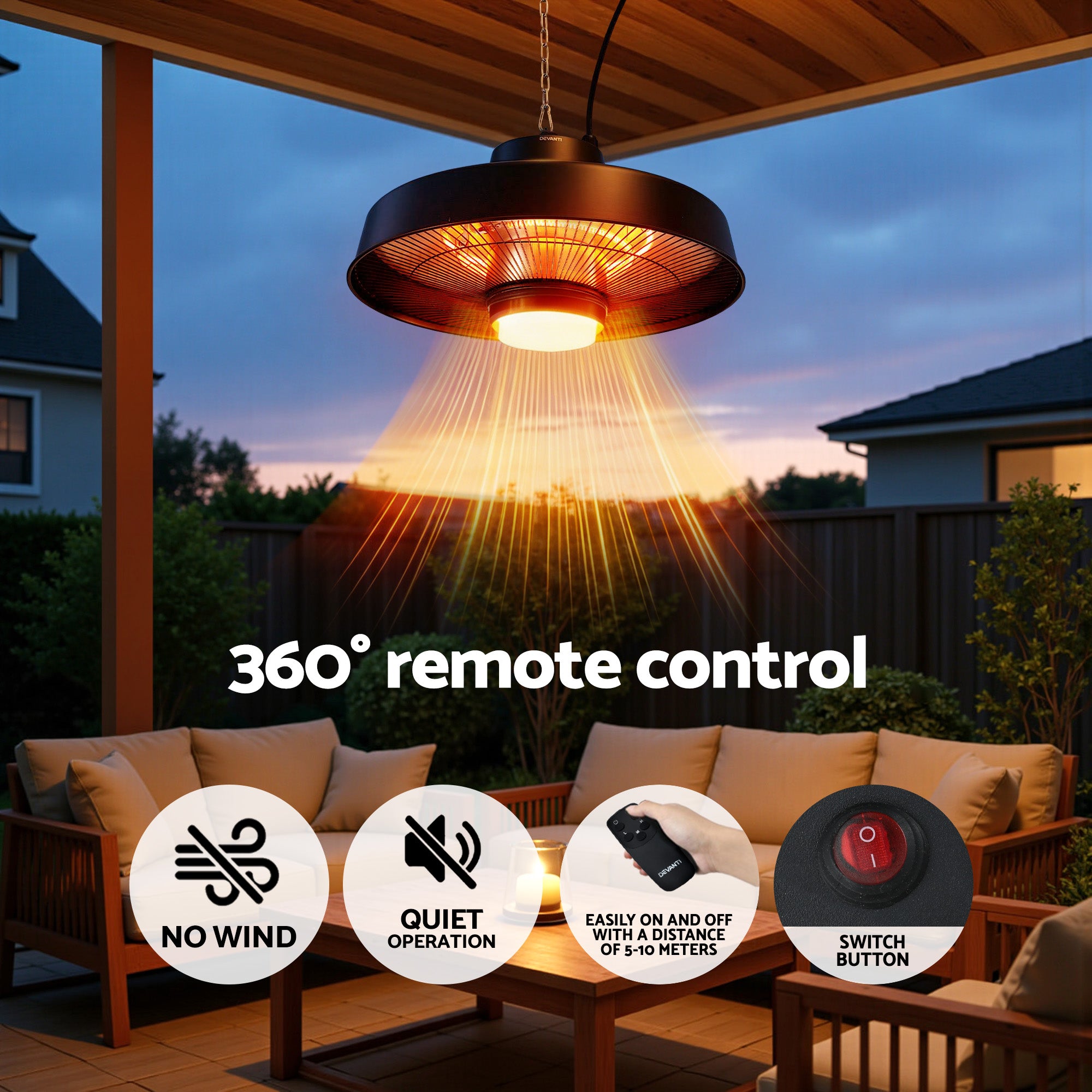 Devanti 2000W Infrared Patio Heater Hanging Ceiling Mount with LED Light Remote