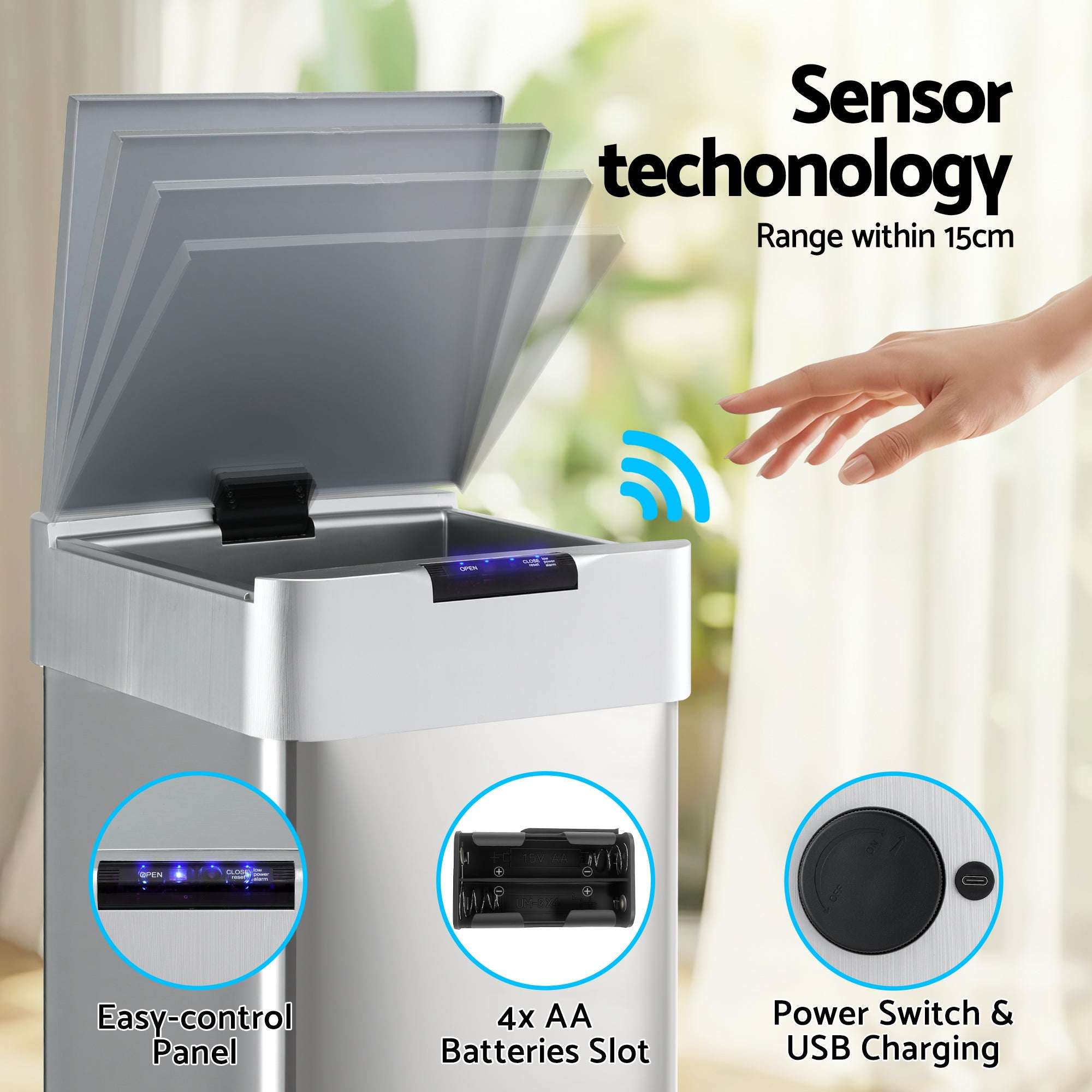 Devanti 50L Motion Sensor Kitchen Bin Silver