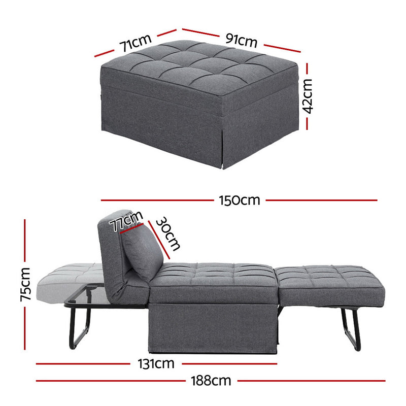 Artiss 1-Seater Sof Bed Ottoman – Convertible Linen Grey