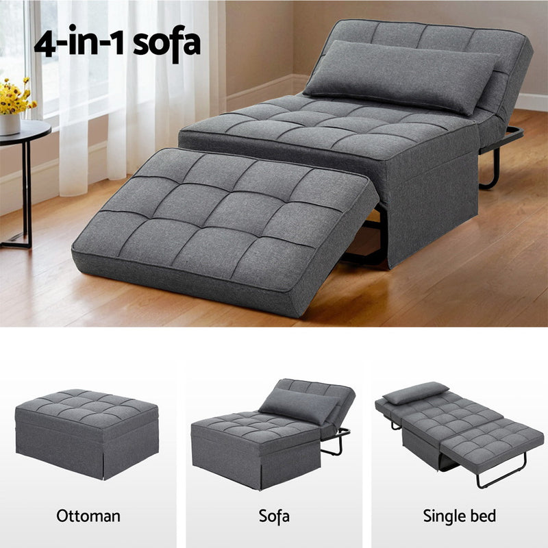 Artiss 1-Seater Sof Bed Ottoman – Convertible Linen Grey