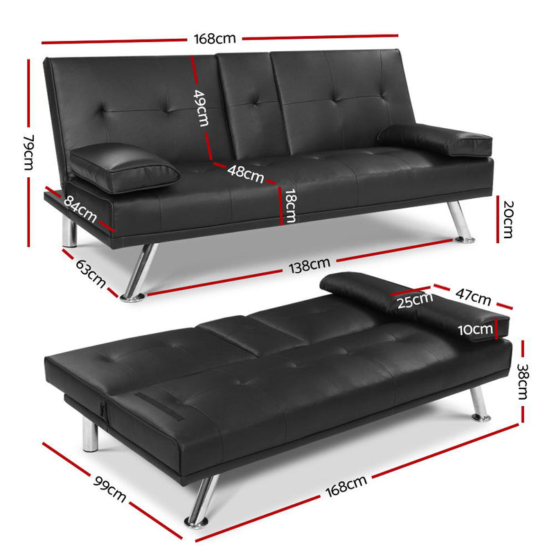 Artiss 168 cm Black PU Leather Sofa Bed