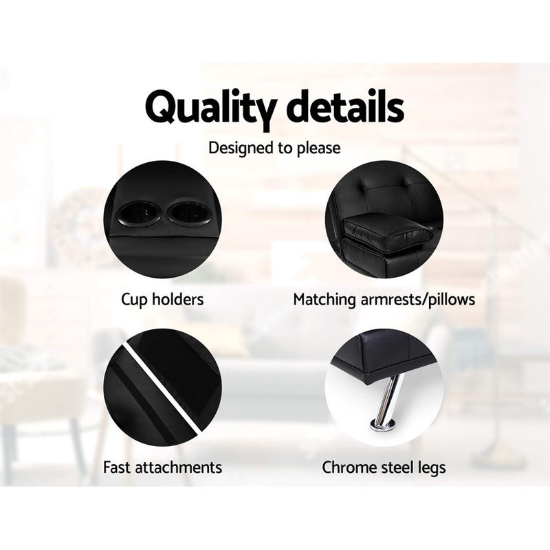 Artiss 168 cm Black PU Leather Sofa Bed