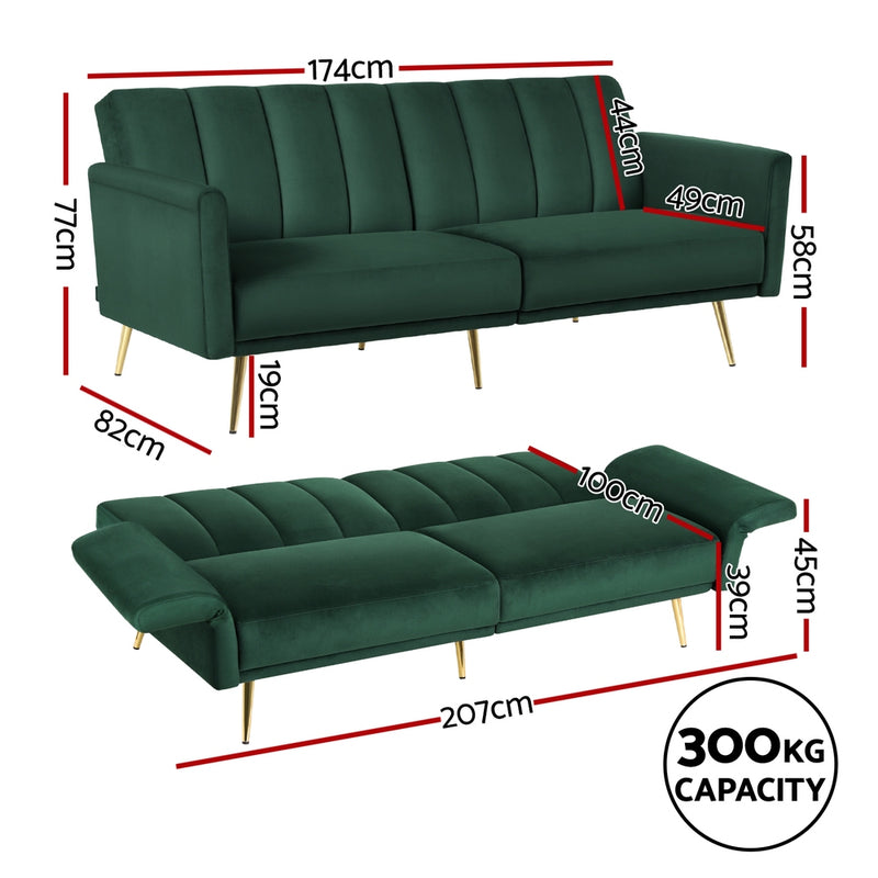 Artiss 3-Seater Sof Bed – Convertible Velvet w/ Adjustable Arms