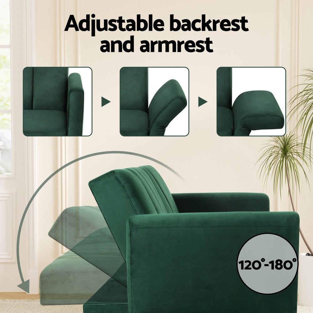 Artiss 3-Seater Sof Bed – Convertible Velvet w/ Adjustable Arms