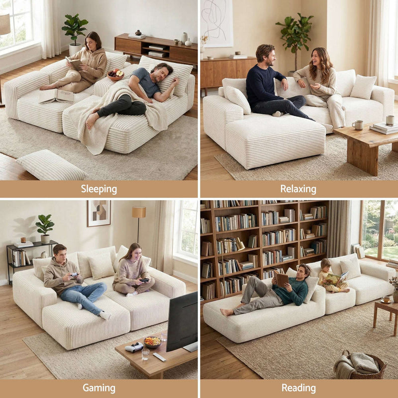 Artiss 3-Seater Modular Sofa Bed – Corduroy Sectional Couch (White)