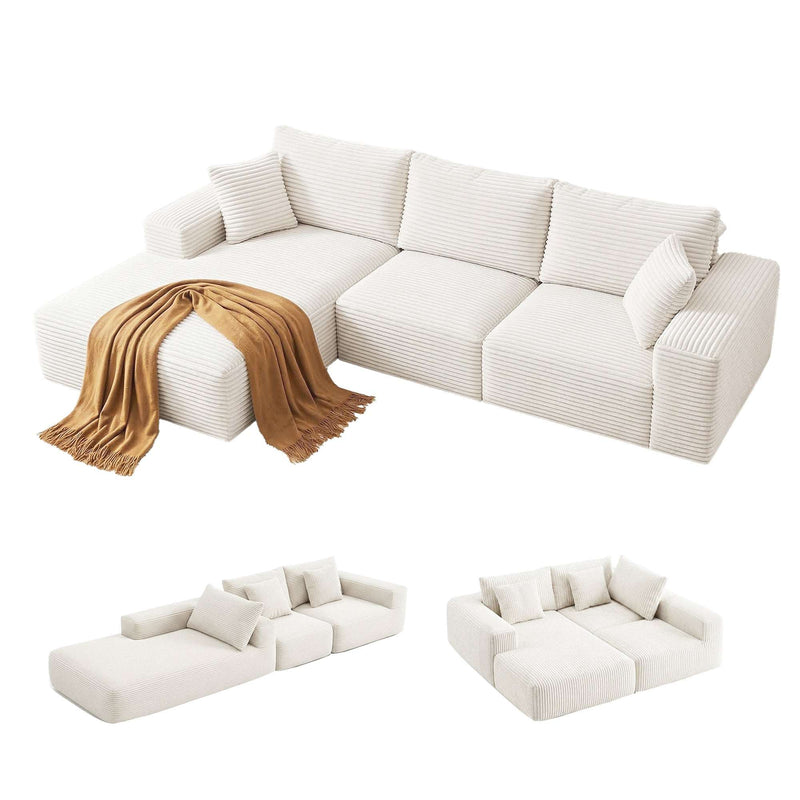 Artiss 3-Seater Modular Sofa Bed – Corduroy Sectional Couch (White)