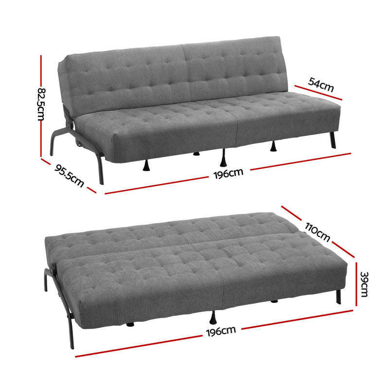 Artiss 3-Seater Sofa Bed 1.9m Adjustable Innerspring Futon Couch Grey