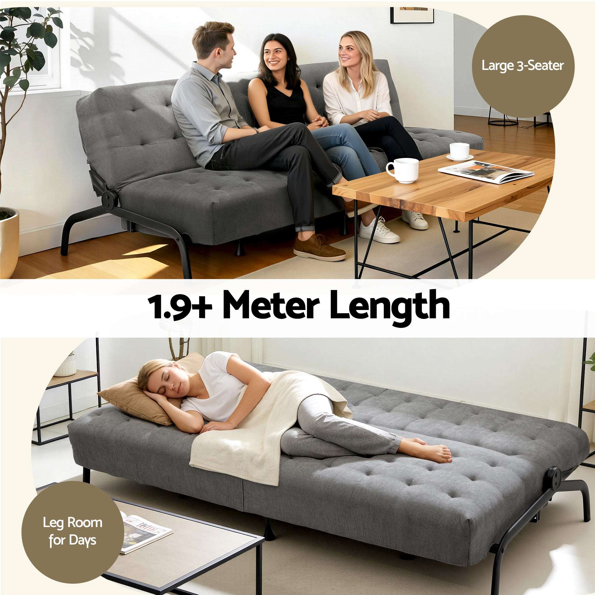 Artiss 3-Seater Sofa Bed 1.9m Adjustable Innerspring Futon Couch Grey