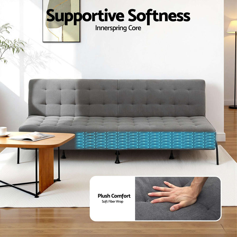Artiss 3-Seater Sofa Bed 1.9m Adjustable Innerspring Futon Couch Grey