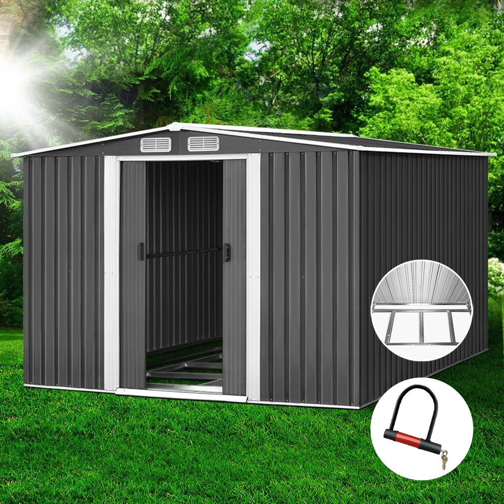 Garden Shed 2.58x3.14m – Metal Base Outdoor Storage with Sliding Door