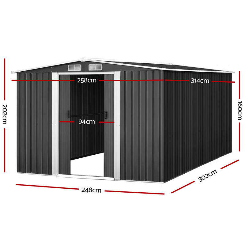 Garden Shed 2.58x3.14m – Metal Base Outdoor Storage with Sliding Door