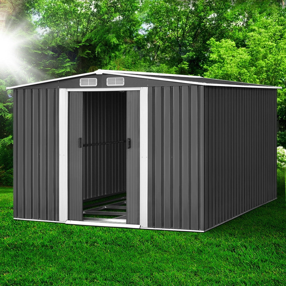 Garden Shed 2.58x3.14m – Metal Base Outdoor Storage with Sliding Door