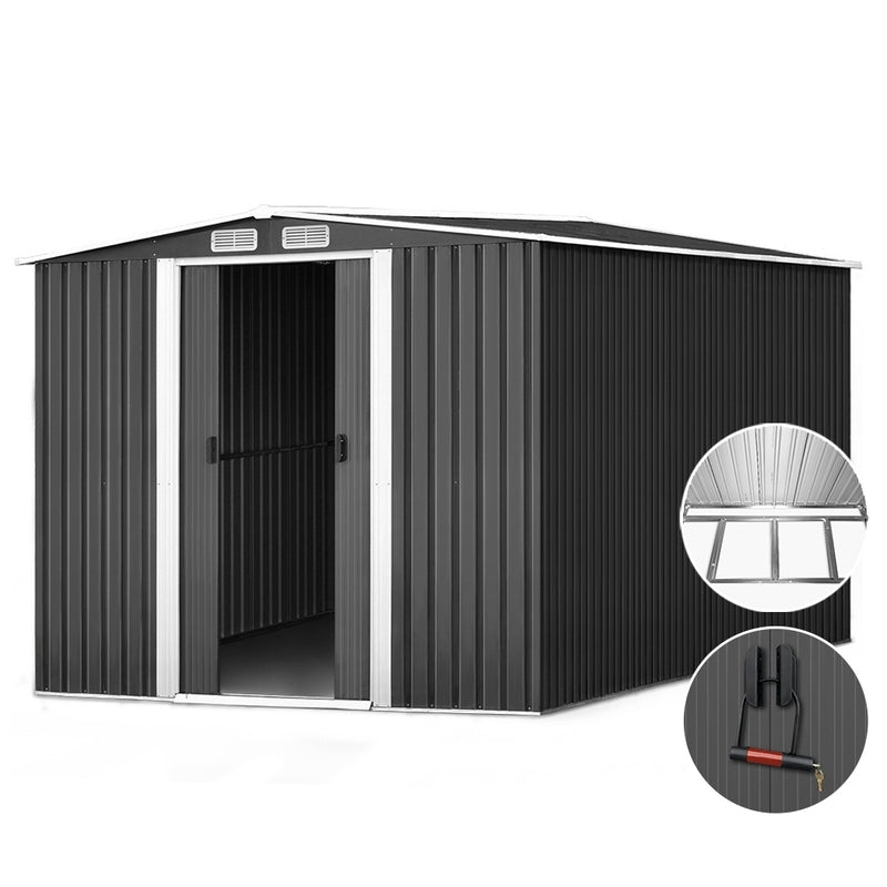 Garden Shed 2.58x3.14m – Metal Base Outdoor Storage with Sliding Door