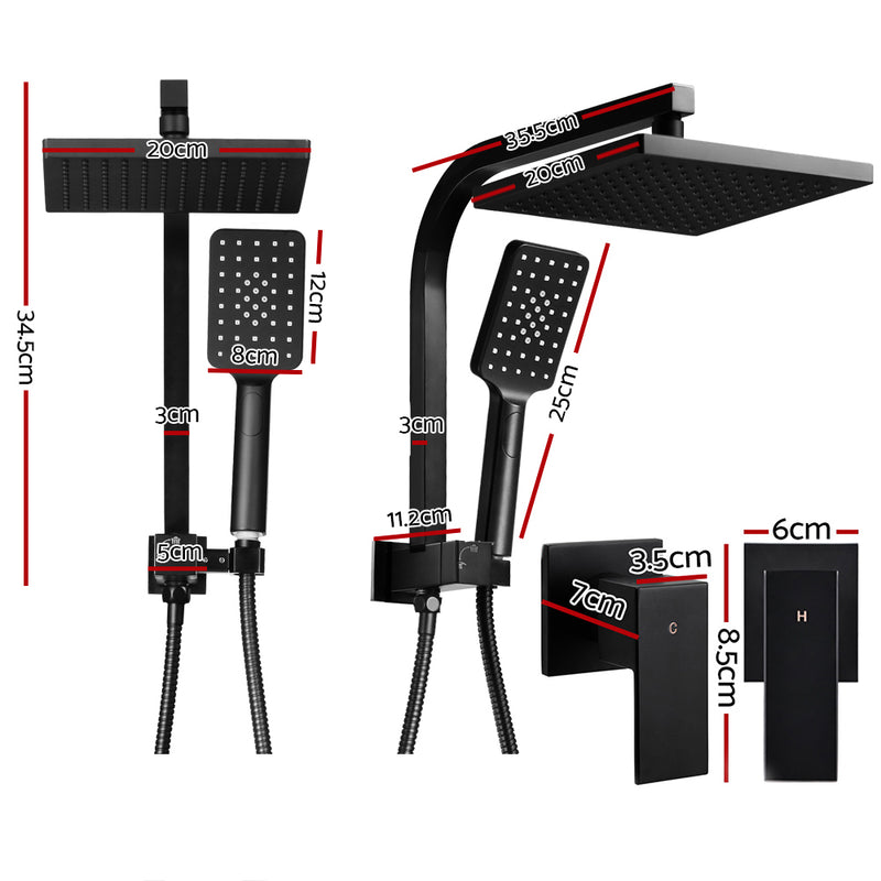 Cefito 8″ Square Rain Shower Head Set with Handheld – Twin Tap Black