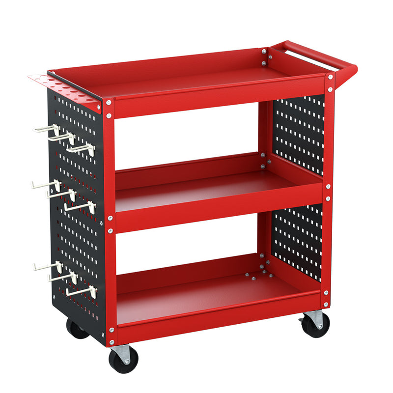3-Tier Tool Cart Trolley with Pegboard Hooks – Red