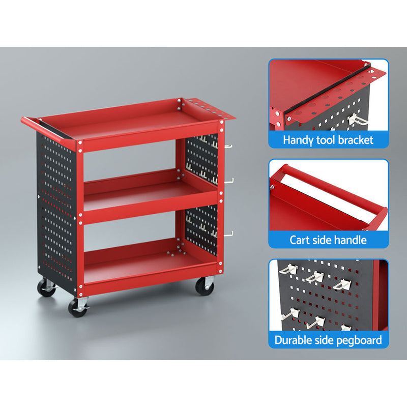3-Tier Tool Cart Trolley with Pegboard Hooks – Red