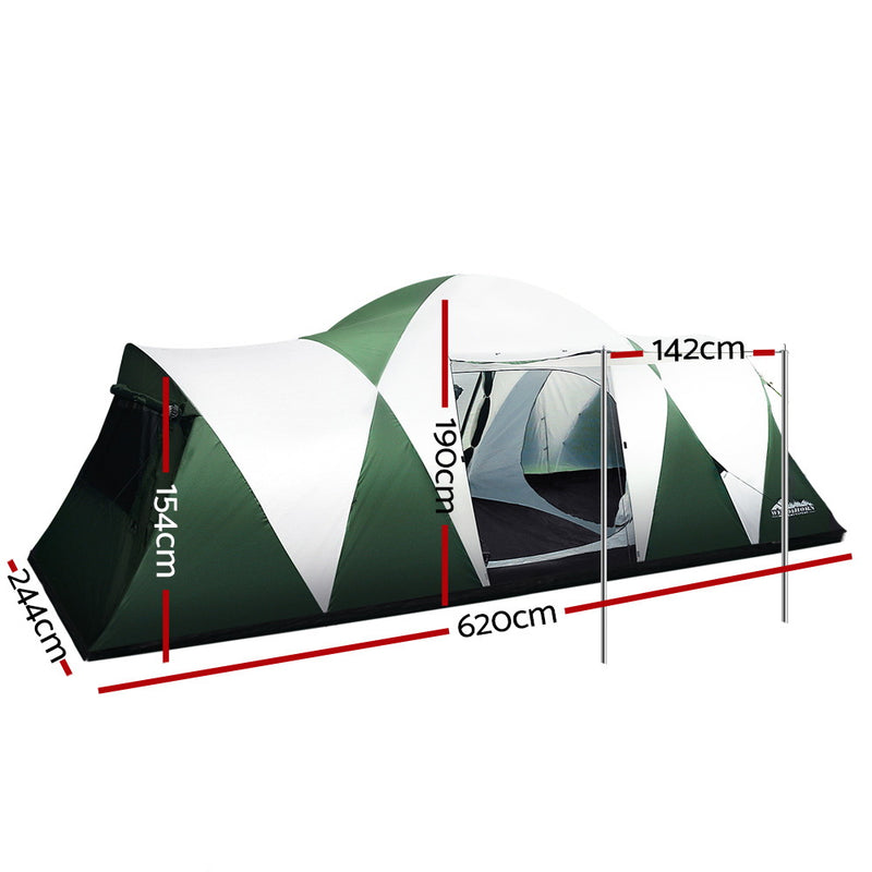Family Camping Tent – 12 Person, 3-Room Dome (Green)