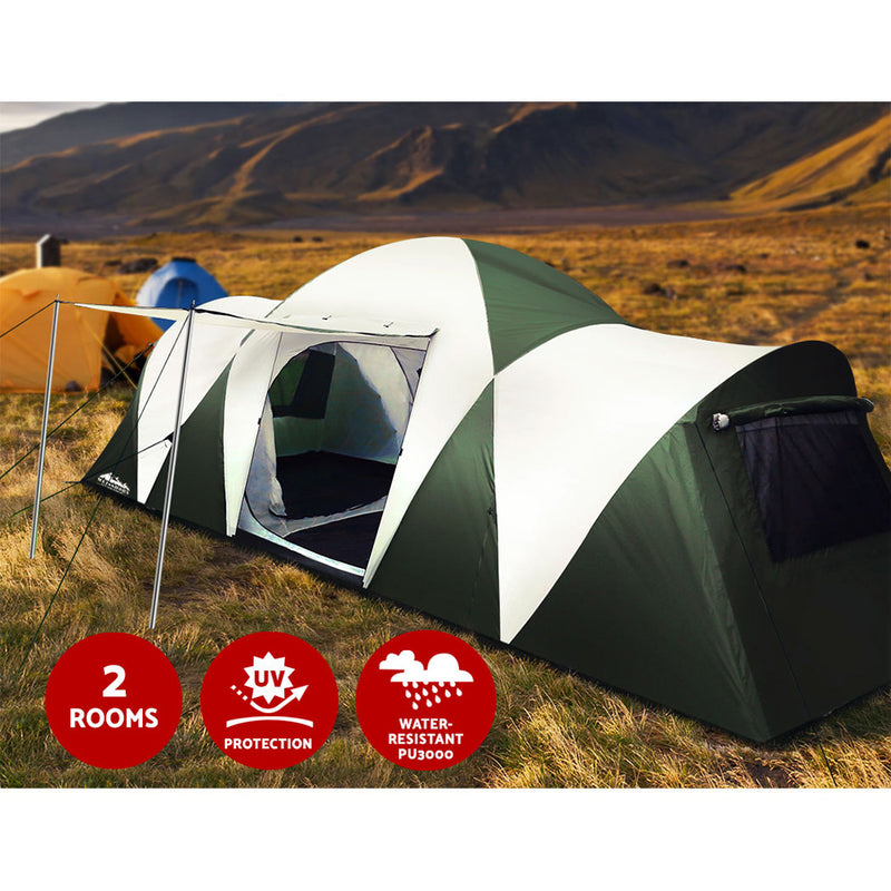 Family Camping Tent – 12 Person, 3-Room Dome (Green)