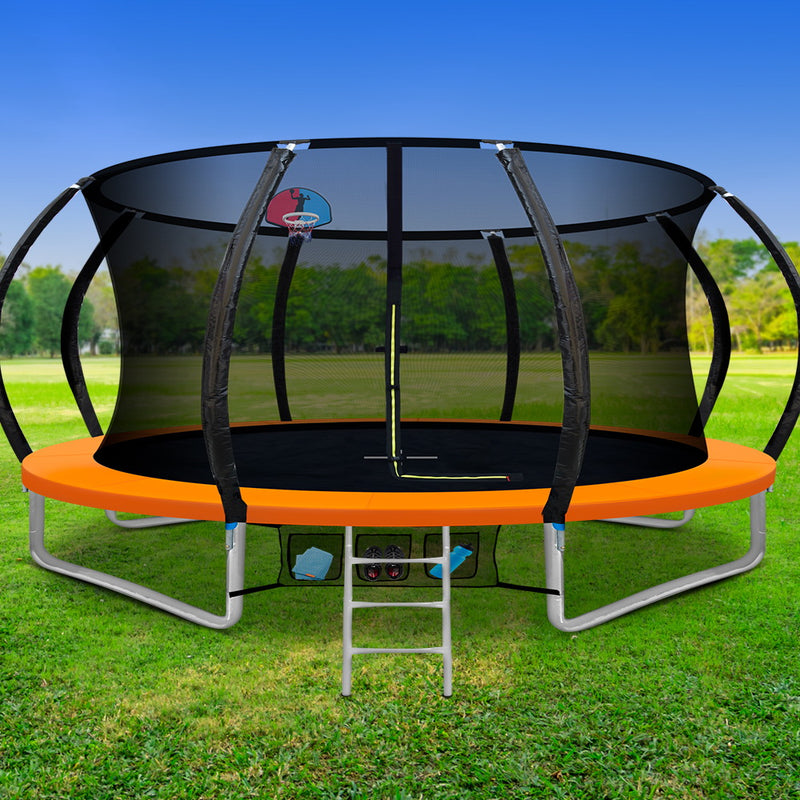 Everfit 14FT Kids Trampoline – Orange Rebounder with Ladder & Basketball Hoop