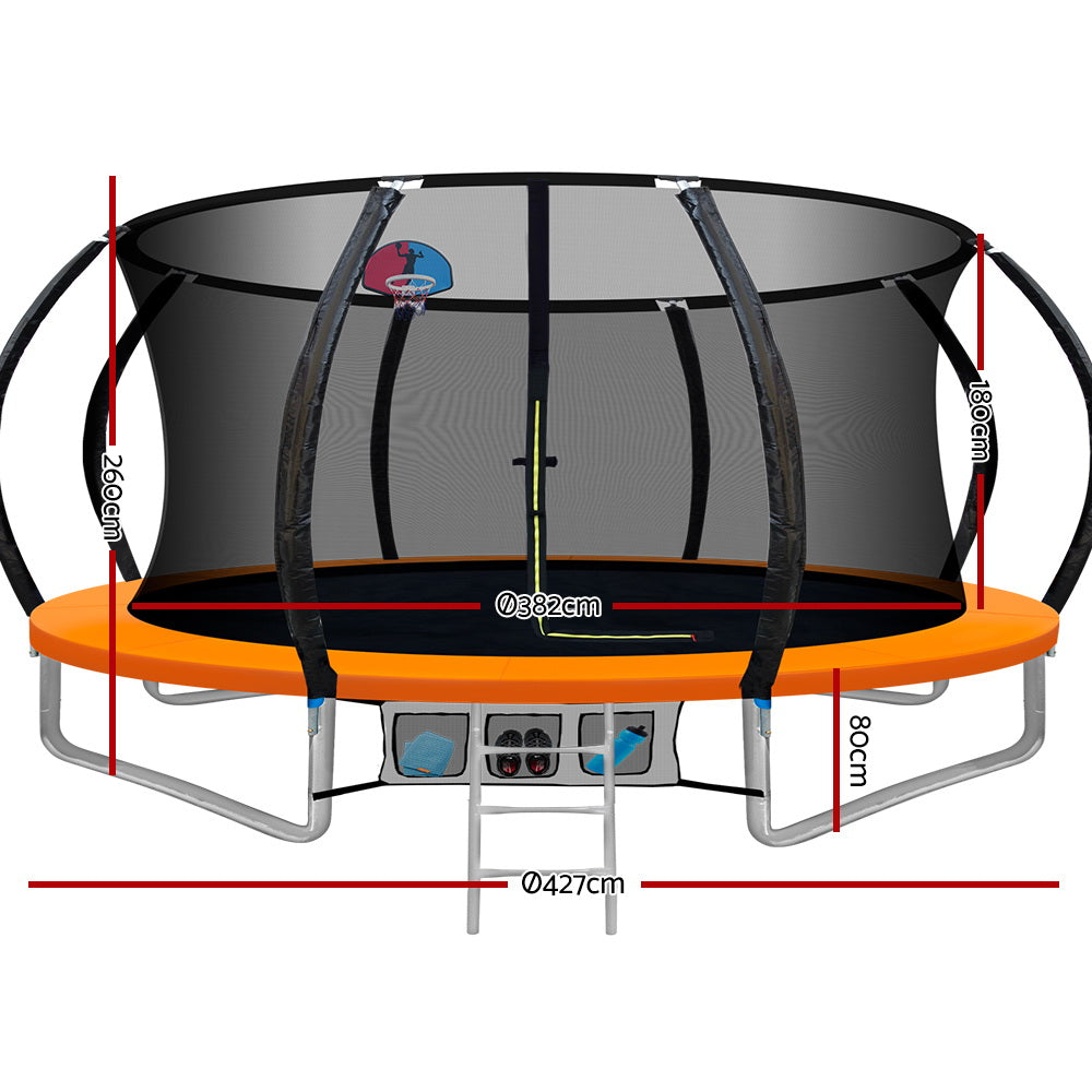 Everfit 14FT Kids Trampoline – Orange Rebounder with Ladder & Basketball Hoop