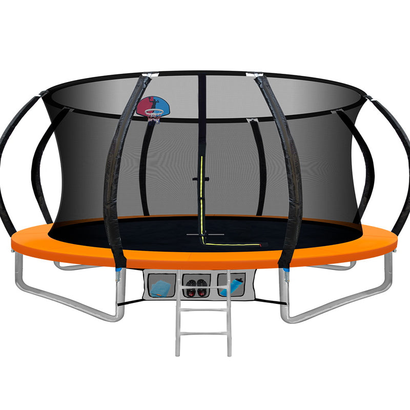 Everfit 14FT Kids Trampoline – Orange Rebounder with Ladder & Basketball Hoop