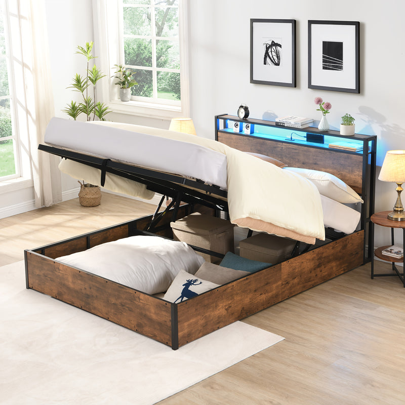 Double Gas Lift Storage Bed Frame with LED & Charging Station – Rustic Brown