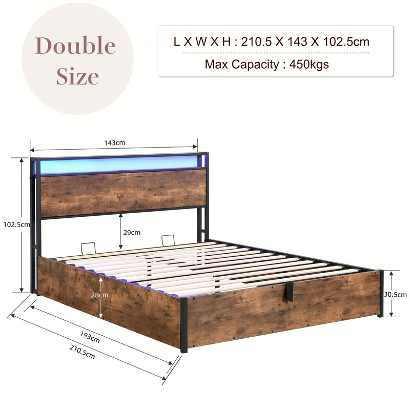Double Gas Lift Storage Bed Frame with LED & Charging Station – Rustic Brown