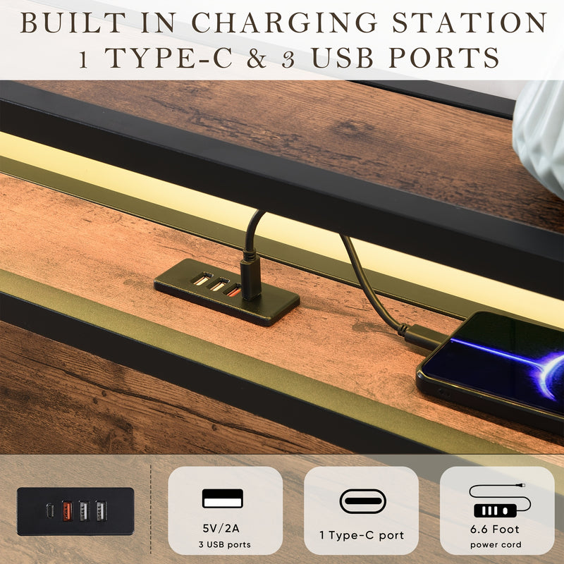 Double Gas Lift Storage Bed Frame with LED & Charging Station – Rustic Brown