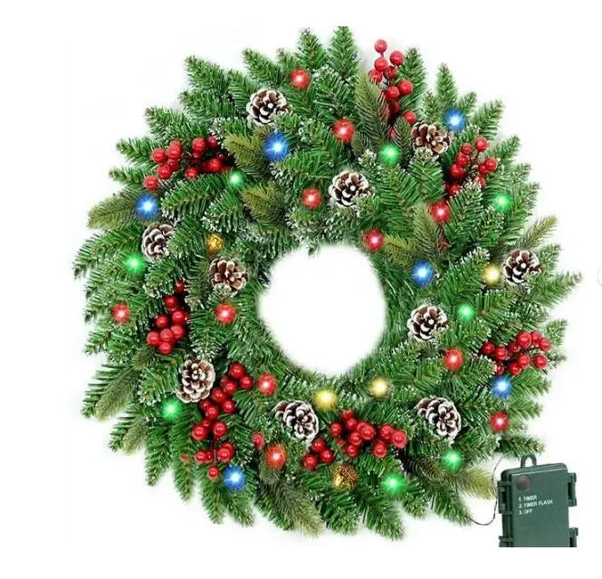 Pre-Lit Christmas Wreath with LED Lights 50cm Festive Door Decoration